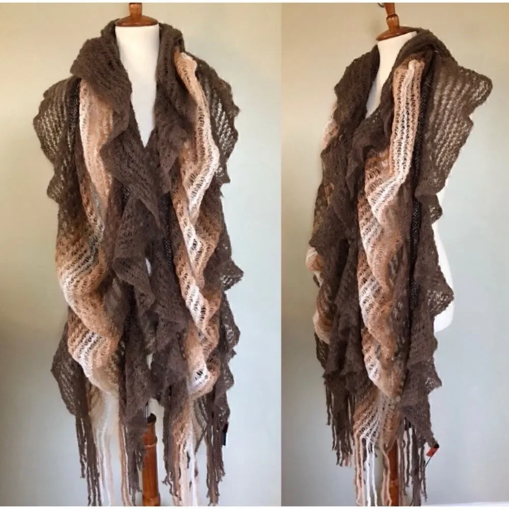 Very Rare MISSONI Mohair Ruffle shawl Scarf in Brown SA57PSD3311 0004 authentic